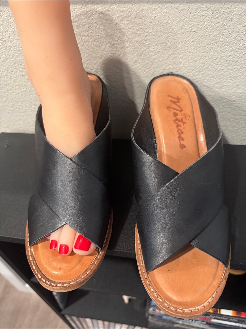 Matisse Black Leather Crossover Slide Mules